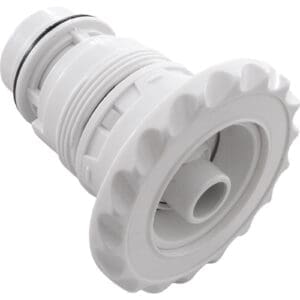 White plastic hose connector with threaded design.