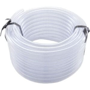 Coiled clear plastic tubing with ties.