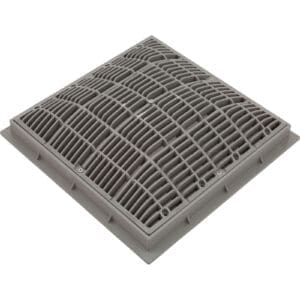Gray square drainage grate with slots.