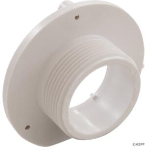 White threaded plastic fitting with flange.