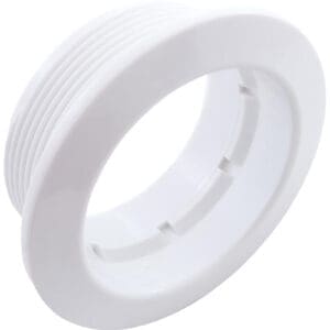 White plastic threaded pipe connector ring.