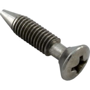Metallic screw with pointed tip and threads.
