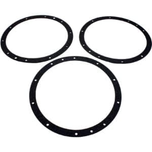 Three circular black gaskets with holes.