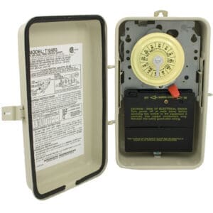 Electrical timer switch with open cover.