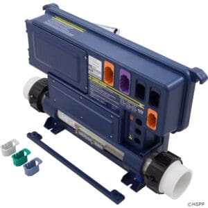 Hot tub control unit with colored connectors.