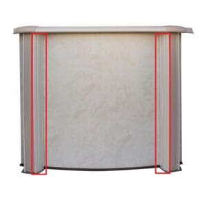 Curved counter with red-highlighted side panels.