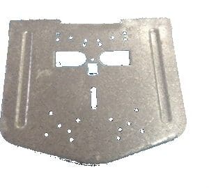 Metal plate with cutouts and perforations.