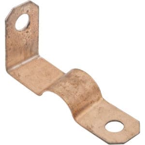 Metal bracket with two holes and bend.
