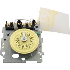 Yellow electric timer switch with wiring terminals.