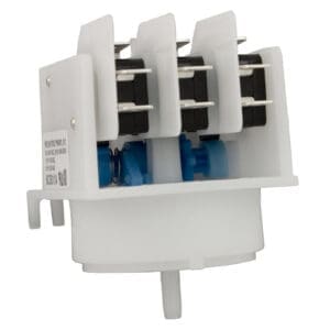 White rotary switch with multiple connectors.