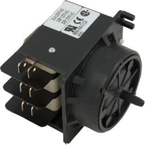 Black rotary switch with multiple terminals.
