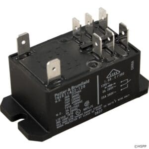 Black electrical relay with multiple metal prongs.
