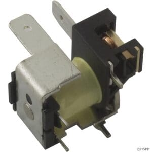 Electrical relay component with metal connectors.