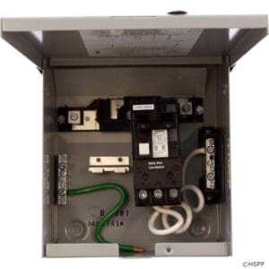 Electrical breaker box with wiring components inside.