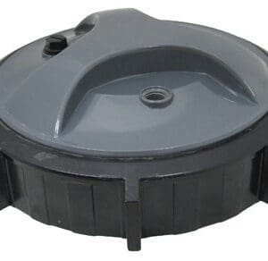 Round black and gray plastic container lid.