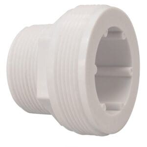White plastic threaded pipe fitting adapter.