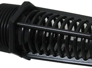 Black plastic mesh filter with threaded end.