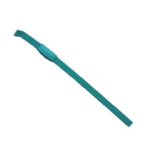 Blue plastic cable tie against white background.