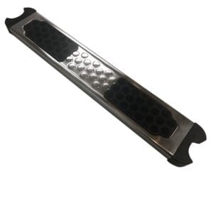 Metal truck step with black grip pads.