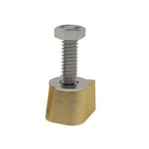 Hex bolt with gold bracket attachment.