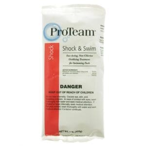 Pool chemical packet labeled "Shock & Swim".