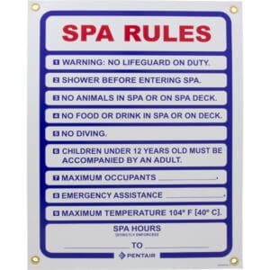 Spa rules sign with multiple safety instructions.