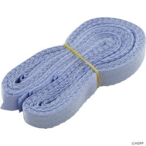 Blue woven straps coiled with rubber band.