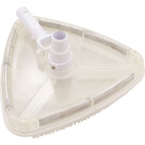 Triangular pool vacuum head with bristles.