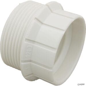 White plastic threaded pipe connector fitting.