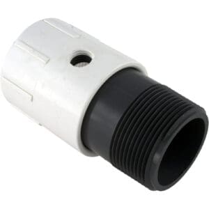 Black and white threaded plastic pipe connector.