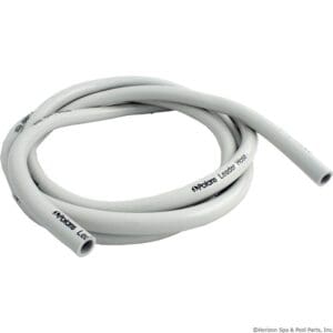 Coiled white pool hose on white background.