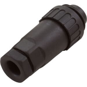 Black industrial connector plug with grooved grip.
