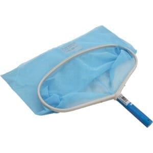 Blue pool skimmer net with handle.
