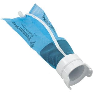 Blue pool skimmer net with white attachment.
