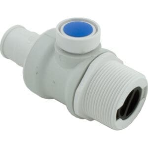Plastic push-fit valve with blue button.