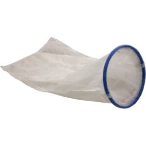 Mesh filter bag with blue rim.