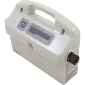 Portable power supply with handle and controls.