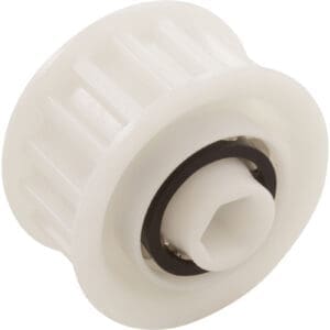 White plastic timing belt pulley wheel.