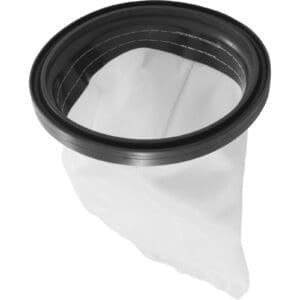 Mesh filter bag with black plastic rim.