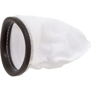 White mesh filter bag with black rim.
