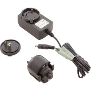 Power adapter with interchangeable plug attachments.