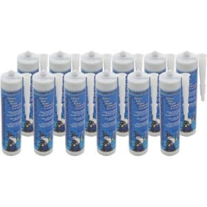 Seventeen blue adhesive sealant tubes arranged neatly.