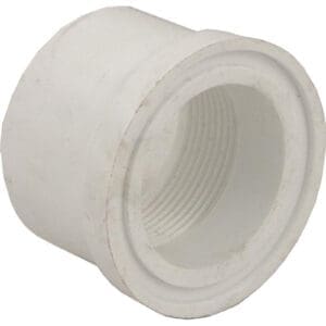 White PVC threaded pipe fitting connector.