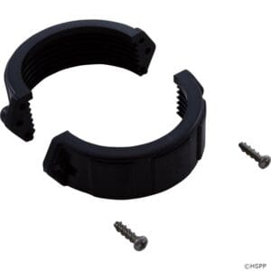 Black plastic clamp with two screws.