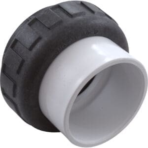 Plastic pipe fitting with black rubber ring.