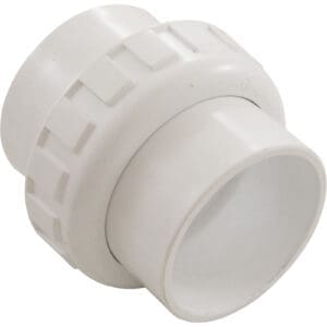 White plastic plumbing pipe union fitting.