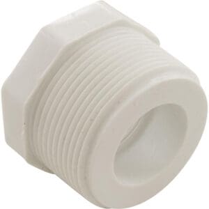 White plastic threaded pipe fitting.