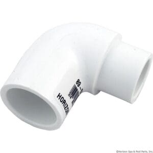 White PVC elbow pipe connector, labeled.