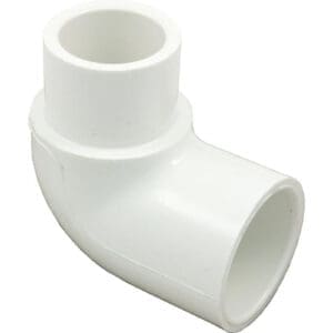 White PVC elbow pipe fitting, 90 degrees.