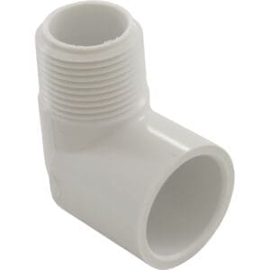 White plastic pipe elbow fitting, threaded end.